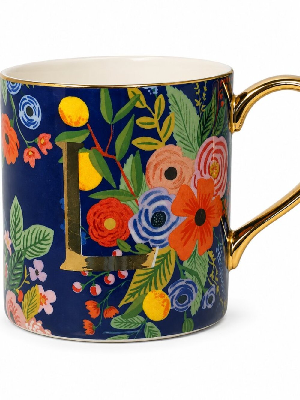 Anthropologie Floral Blue Monogram “L” Mug with Gold Handle